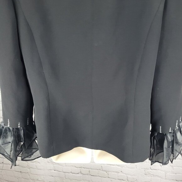 Serafina Black Open Rhinestone Ruffle Cuff Shoulder Pads Lined Jacket Size 14 - Picture 10 of 12